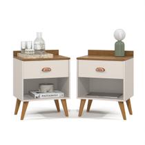 Kit 2 Mesa de Cabeceira Quarto Mesinha Apoio Lateral Cama Box Casal Estilo Decoração Retrô Pérola 1 Gaveta Offwhite/Freijó