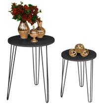 Kit 2 Mesas Apoio Redonda Tampo Preto Pés Ferro Metal Preto
