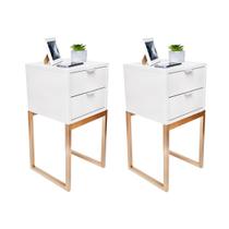 Kit 2 Mesas Cabeceira 30Cm Branco Industrial Pés Dourado Eco