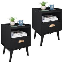 Kit 2 Mesas Cabeceira Nicho Jogo de Mesinhas Quarto 1 Gaveta Puxador Concha Estilo Retrô - Preto Kit 2 Mesas Cabeceira Nicho Jogo de Mesinhas Quarto 1 Gaveta Puxador Concha Estilo Retrô - Preto
