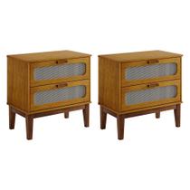 Kit 2 Mesas de Cabeceira 2 Gavetas Santorini Nature 60 Cm com Tela Indiana