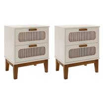 Kit 2 Mesas de Cabeceira 2 Gavetas Santorini Off White 45 Cm com Tela Indiana