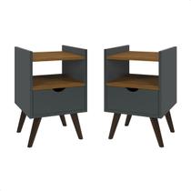 Kit 2 Mesas De Cabeceira Alice com 1 Gaveta Nicho Pés Palito Anti Umidade Decoração Quarto Cinza/Freijó