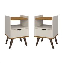 Kit 2 Mesas De Cabeceira Alice com 1 Gaveta Nicho Pés Palito Anti Umidade Decoração Quarto Off White Freijó