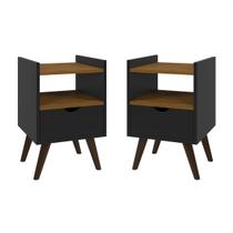 Kit 2 Mesas De Cabeceira Alice com 1 Gaveta Nicho Pés Palito Anti Umidade Decoração Quarto Preto/Freijó