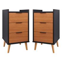 Kit 2 Mesas de Cabeceira Ape 3 Gavetas Pés Palito cor Preto / Cinamomo - MJM Casa dos Moveis