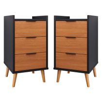 Kit 2 Mesas de Cabeceira Ape 3 Gavetas Pés Palito cor Preto / Cinamomo - MJM Casa dos Moveis Kit 2 Mesas de Cabeceira Ape 3 Gavetas Pés Palito cor Preto / Cinamomo - MJM Casa dos Moveis