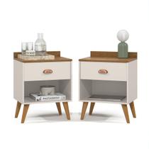 Kit 2 Mesas De Cabeceira Estilo Retró Luxo Pérola New Off White/Freijo