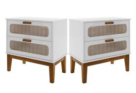 kit 2 mesas de cabeceira grande santorini 60cm largura com 2 gavetas design classico com pés de madeira maciça