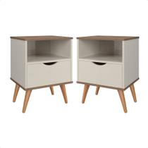 Kit 2 Mesas de Cabeceira Grécia Moderna com 1 gaveta para quarto - Off White com Canela