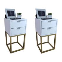 Kit 2 Mesas de Cabeceira Industrial 30cm Branco 2 Gavetas Base Metal Dourado Lado Cama Kit 2 Mesas de Cabeceira Industrial 30cm Branco 2 Gavetas Base Metal Dourado Lado Cama