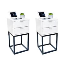 Kit 2 Mesas de Cabeceira Industrial 30cm Branco 2 Gavetas Base Metal Preto Lado Cama