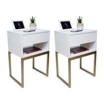 Kit 2 Mesas de Cabeceira Industrial 40cm Branco Gaveta Superior Eco Base Metal Dourado Lado Cama