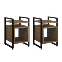 Kit 2 Mesas de Cabeceira Industrial Marrocos Ferro Preto e Tampo Freijó