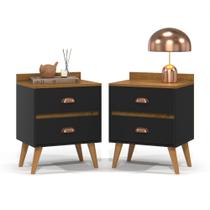 Kit 2 Mesas de Cabeceira Madero New com 2 gavetas e pés retrô palito - Preto com Freijó Kit 2 Mesas de Cabeceira Madero New com 2 gavetas e pés retrô palito - Preto com Freijó