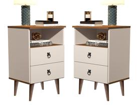 Kit 2 Mesas de Cabeceira Madri Retrô com Pés Palito 2 Gavetas Off White Freijó