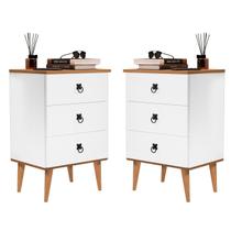 Kit 2 Mesas de Cabeceira Madri Retrô com Pés Palito 3 Gavetas Branco / Freijó Kit 2 Mesas de Cabeceira Madri Retrô com Pés Palito 3 Gavetas Branco / Freijó