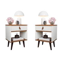 Kit 2 Mesas de Cabeceira Mesinha Para Quarto 1 Gaveta Puxador em Couro Ravenna - Off White com Freijó
