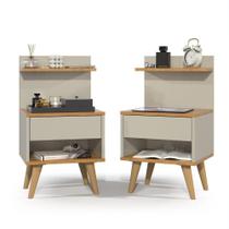 KIT 2 Mesas De Cabeceira Modelo Sleep Com Gaveta Pés Retro Amadeirado Cor Off Nature