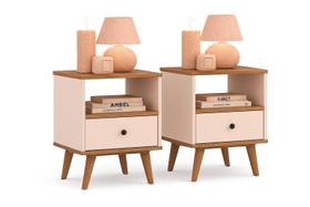Kit 2 Mesas de cabeceira OffWhite quarto 1 gaveta e um Nicho pés palito Ted