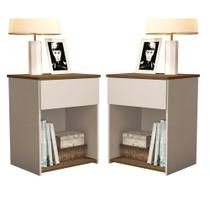 Kit 2 Mesas de Cabeceira Para Quarto com Gaveta e Prateleira Jasmim - Off White com Freijó