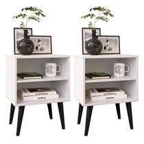Kit 2 Mesas de Cabeceira Pequena para Quarto Criado Pés Palito Retrô Nicho Prateleira RPM - Branco
