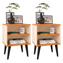Kit 2 Mesas de Cabeceira Pequena para Quarto Criado Pés Palito Retrô Nicho Prateleira RPM - Off White/ Cinamomo