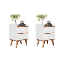 Kit 2 Mesas de cabeceira pés em madeira 2 gavetas Branco/Nature