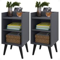 Kit 2 Mesas de Cabeceira Pés Palito estilo retrô Maysa Com porta celular cor Cinza - Comprar Móveis em Casa