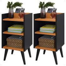 Kit 2 Mesas de Cabeceira Pés Palito estilo retrô Maysa Com porta celular cor Preto / Nature - Comprar Móveis em Casa