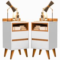 Kit 2 Mesas de Cabeceira Quarto Apoio Lateral Cama Box Casal Estilo Decoração Retrô Álamo 2 Gavetas - Branco/Nature
