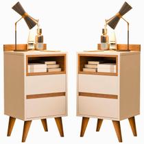 Kit 2 Mesas de Cabeceira Quarto Apoio Lateral Cama Box Casal Estilo Decoração Retrô Álamo 2 Gavetas - Offwhite/Nature