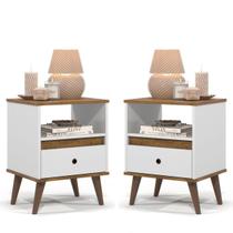 Kit 2 Mesas de Cabeceira Quarto Apoio Lateral Cama Box Casal Estilo Decoração Retrô Ted 1 Gaveta - Branco/Nature