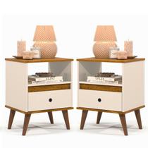 Kit 2 Mesas de Cabeceira Quarto Apoio Lateral Cama Box Casal Estilo Decoração Retrô Ted 1 Gaveta - Offwhite/Nature