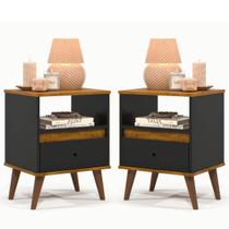 Kit 2 Mesas de Cabeceira Quarto Apoio Lateral Cama Box Casal Estilo Decoração Retrô Ted 1 Gaveta - Preto/Nature