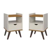 Kit 2 Mesas De Cabeceira Quarto Retrô Pés Palito Com Nicho e 1 Gaveta Alice Off White Com Freijó K7 Plus