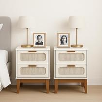 Kit 2 Mesas de Cabeceira Retrô 2 Gavetas Santorini 45 Cm com Tela Indiana Off White