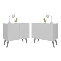 Kit 2 Mesas De Cabeceira Retrô 2 Portas Mp4138 Branco cinza Branco cinza