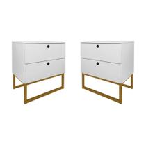 Kit 2 Mesas de Cabeceira Slim 2 Gavetas Branco Base Metálica Dourada - Belliv Decor