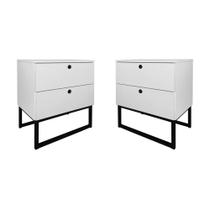 Kit 2 Mesas de Cabeceira Slim 2 Gavetas Branco Base Metálica Preta - Vallisa Decor