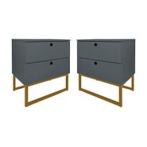 Kit 2 Mesas de Cabeceira Slim 2 Gavetas Cinza Base Metálica Dourada - Belliv Decor