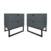 Kit 2 Mesas de Cabeceira Slim 2 Gavetas Cinza Base Metálica Preta - Belliv Decor