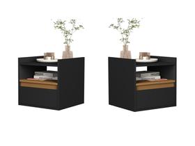 Kit 2 Mesas de Cabeceira suspensa com porta basculante Michele Plus Cor Preto / Nature - Comprar Moveis para sua Casa