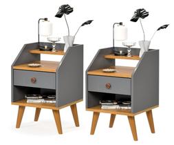 KIT 2 Mesas De Cabeceiras 1 Gaveta Nicho Prateleiras Mini Cômoda Criado Dakota KIT 2 Mesas De Cabeceiras 1 Gaveta Nicho Prateleiras Mini Cômoda Criado Dakota
