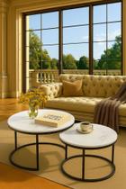 Kit 2 Mesas de Centro Redondas Modernas ideal para sala tampo estilo mármore preto branco e marrom