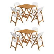 Kit 2 Mesas Dobráveis Elegance 4 Lugares Tampo MDF 8 Ripas Natural Branco 70x70 Mega Madeira