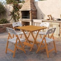 Kit 2 Mesas Dobráveis Elegance 70x70 6 Ripas Madeira com 4 Cadeiras Natural Polipropileno - Branco Kit 2 Mesas Dobráveis Elegance 70x70 6 Ripas Madeira com 4 Cadeiras Natural Polipropileno - Branco