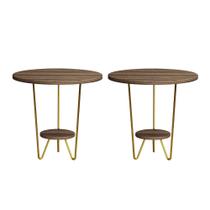Kit 2 Mesas Laterais Redonda Industrial Italy Ferro Dourado e Tampo Amêndoa