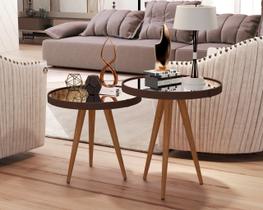 Kit 2 Mesas Lateral e Apoio Adnet Couro Com Espelho 50cm Pés Palito cor Preto - Comprar Moveis em Casa