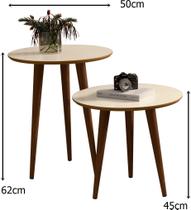 Kit 2 Mesas Lateral e Apoio Redonda Sala Retrô Pés Palito cor Off White / Freijó - JM Casa dos Móveis Kit 2 Mesas Lateral e Apoio Redonda Sala Retrô Pés Palito cor Off White / Freijó - JM Casa dos Móveis